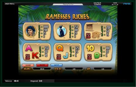 Ramesses Riches Slot Machine Paytable Screen