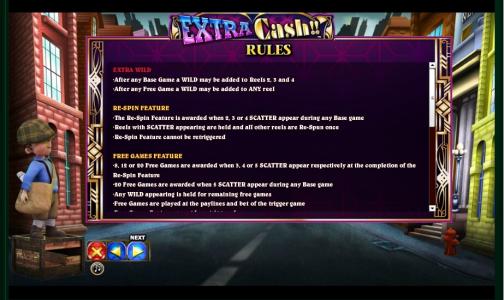 Extra Cash Slot Machine Rules and Features Screen