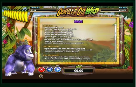 Gorilla Go Wild Slot Machine Game Rules Screen
