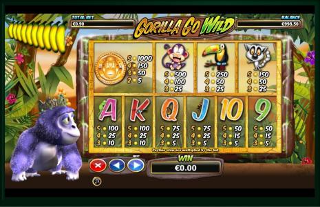 Gorilla Go Wild Slot Machine Paytable Screen