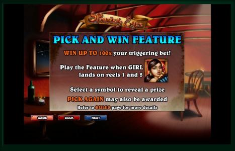 Spanish Eyes Slot Machine Pick and Win Feature Instructions Screen