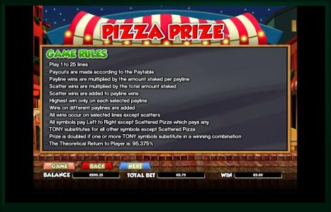 Pizza Prize Slot Machine Game Rule Screen