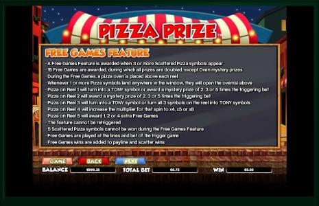 Pizza Prize Slot Machine Free Games Feature Screen