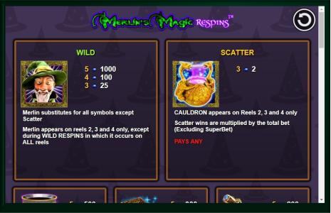 Merlins Magic Respins Slot Machine Scatter Awards and Wild Symbol Screen
