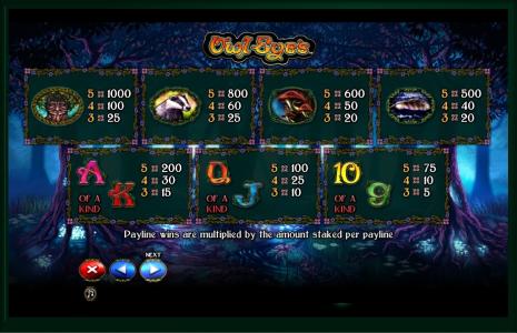 Owl Eyes Slot Machine Paytable Screen