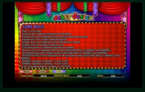Joker Jester Slot Machine Game Rules Screen