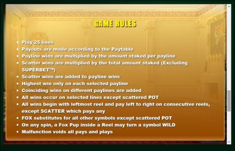 Foxin' Wins Again Slot Machine Game Rules Screen