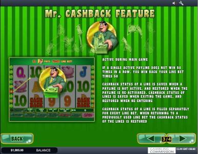 Mr. Cashback Slot Machine Game Feature Screen