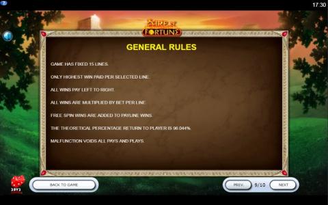 Fire N' Fortune Slot Machine Game Rules Screen