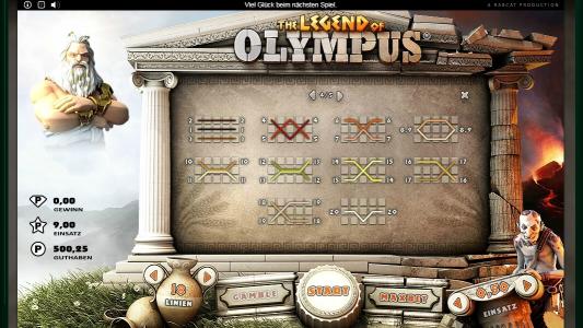 The Legend of Olympus Slot Machine Paylines Screen