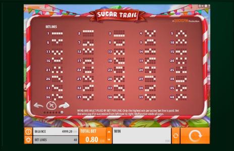 Sugar Trail Slot Machine Paylines Screen