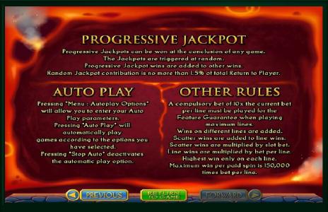 Vulcan Slot Machine Progressive Jackpot and Other Rules Screen