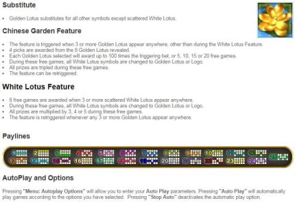 Golden Lotus Slot Machine Chinese Garden and White Lotus Features Screen