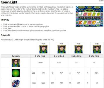 Green Light Slot Machine How to Play and Payouts Screen