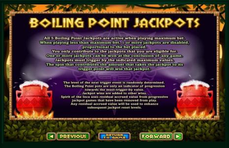 Spirit of the Inca Slot Machine Boiling Point Jackpots Information Screen