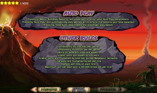 Megasaur Slot Machine Auto Play and Other Rules Screen