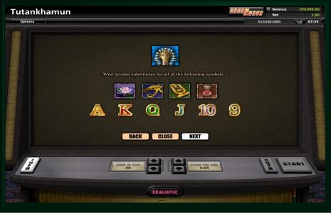 Tutankhamun Slot Machine Wild Symbol Substitutes Screen
