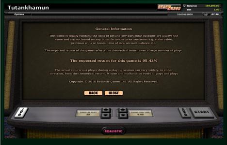 Tutankhamun Slot Machine Game Return Information Screen
