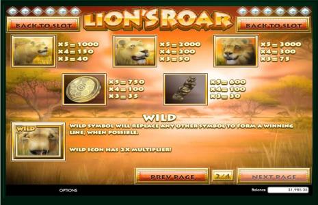 Lions Roar Slot Machine Paytable Screen