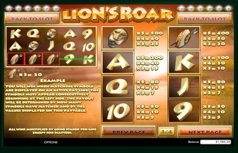 Lions Roar Slot Machine Paytable Screen