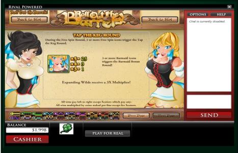 Roll Out the Barrels Slot Machine Feature and Barmaid Bonus Round Information Screen