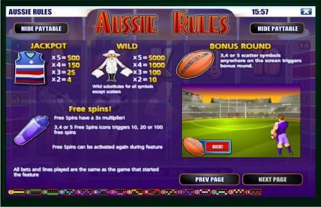 Aussie Rules Slot Machine Feature Overview Screen