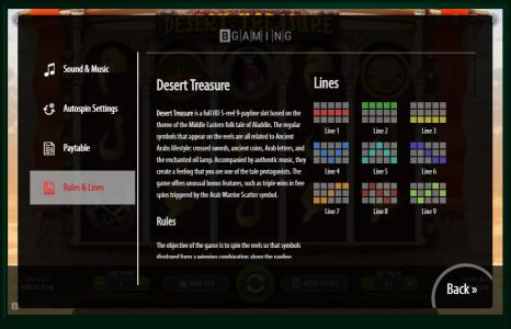 Desert Treasure Slot Machine Paylines Screen