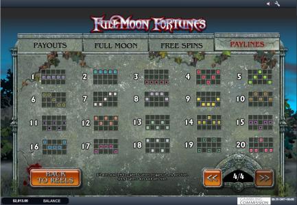 Full Moon Fortunes Slot Machine Paylines Screen