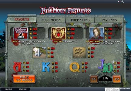 Full Moon Fortunes Slot Machine Paytable Screen