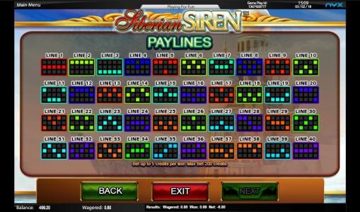 Siberian Siren Slot Machine Paylines Screen