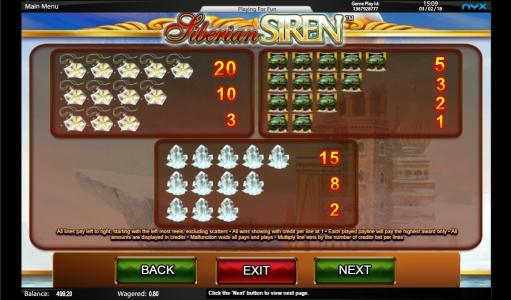 Siberian Siren Slot Machine Paytable Screen