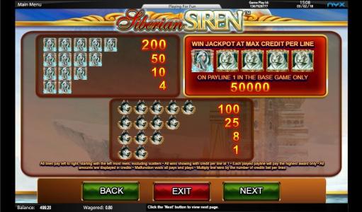 Siberian Siren Slot Machine Paytable Screen