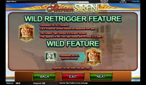 Siberian Siren Slot Machine Wild Retrigger and Wild Feature Explanation Screen