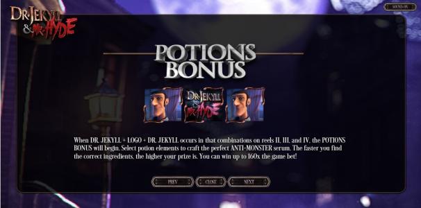 Dr. Jekyll & Mr. Hyde Slot Machine Potions Bonus Feature Screen