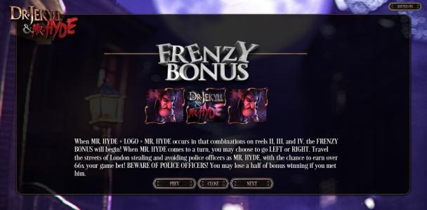 Dr. Jekyll & Mr. Hyde Slot Machine Frenzy Bonus Feature Screen