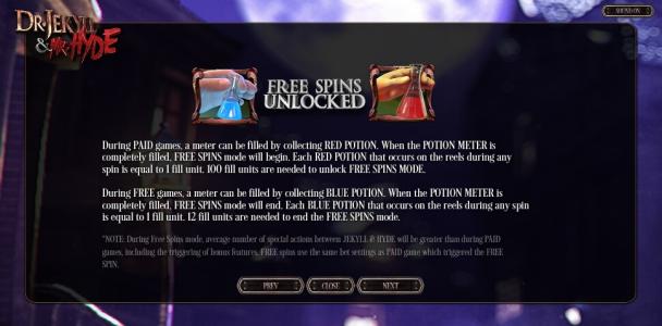 Dr. Jekyll & Mr. Hyde Slot Machine Free Spins Bonus Screen