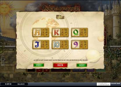 Nostradamus Prophecy Slot Machine Paytable Screen