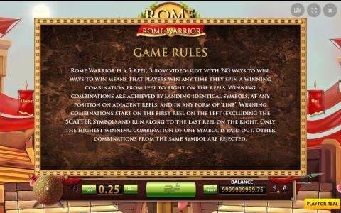 Rome Warrior Slot Machine Game Rules Screen