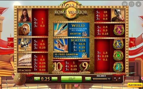 Rome Warrior Slot Machine Paytable Screen