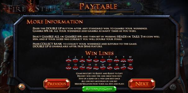 Fire & Steel Slot Machine Paytable and Paylines Screen