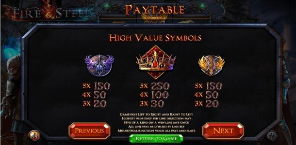 Fire & Steel Fire & Steel Slot Machine Paytable Screen