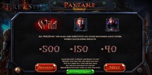 Fire & Steel Slot Machine Paytable Screen
