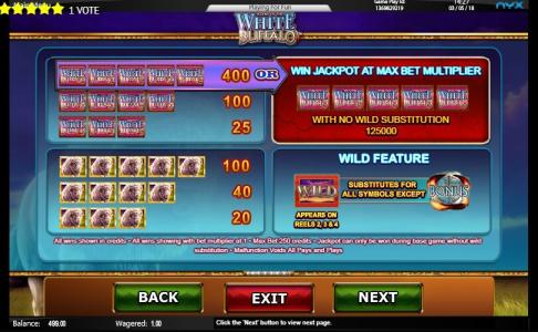 White Buffalo Slot Machine Paytable and Wild Feature Screen.
