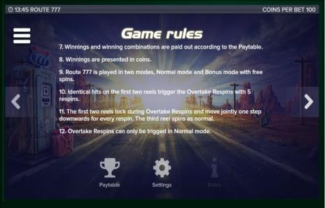 Route 777 Slot Machine Game Rule Screen