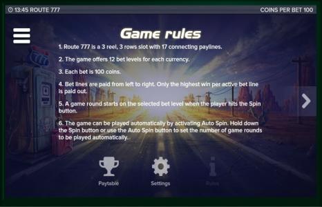 Route 777 Slot Machine Game Rule Screen