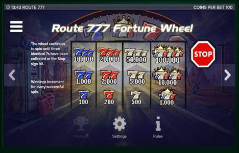 Route 777 Slot Machine Fortune Wheel Screen