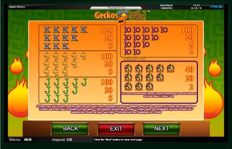 Geckos Gone Wild Slot Machine Paytable Screen