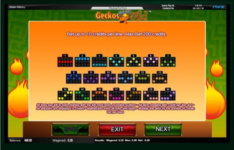 Geckos Gone Wild Slot Machine Paylines Screen