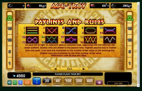 Age Of Troy Slot Machine Paylines Screen