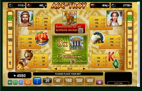 Age Of Troy Slot Machine Paytable Screen